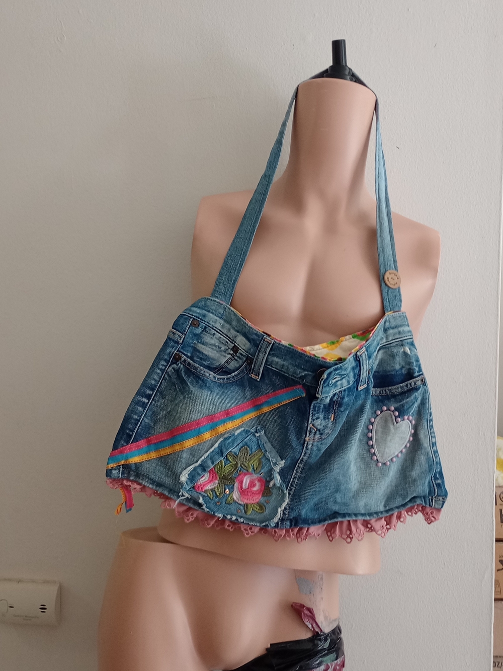 Denim Heart & Floral Shoulder Bag - Blue